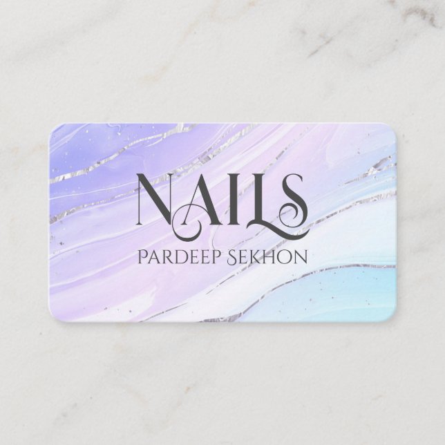 Watercolor Nail Tech Silver Marble Business Cards (Front)