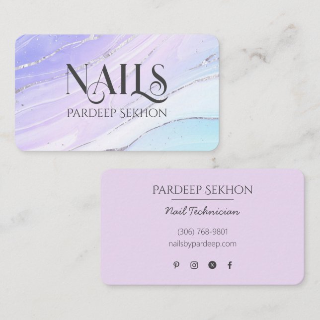 Watercolor Nail Tech Silver Marble Business Cards (Front/Back)
