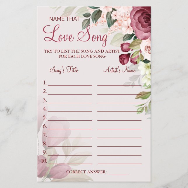 Watercolor  Name that love song shower game card Flyer (Front)