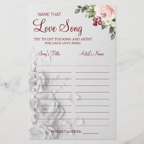 Watercolor  Name that love song shower game card Flyer