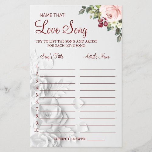 Watercolor  Name that love song shower game card Flyer