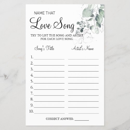 Watercolor  Name that love song shower game card Flyer