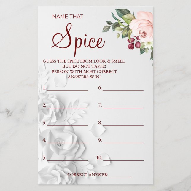 Watercolor Name that Spice Bridal shower game card Flyer (Front)