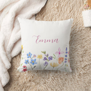 Watercolor Name Wildflower Minimalistic Boho Throw Pillow