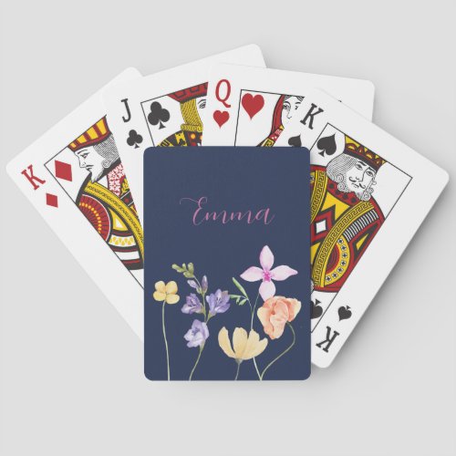 Watercolor Name Wildflower Navy Blue  Poker Cards