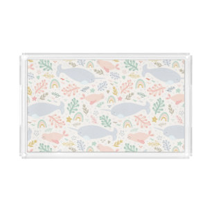 Watercolor Narwhal & Seal Pattern Acrylic Tray