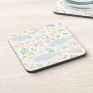 Watercolor Narwhal & Seal Pattern Beverage Coaster
