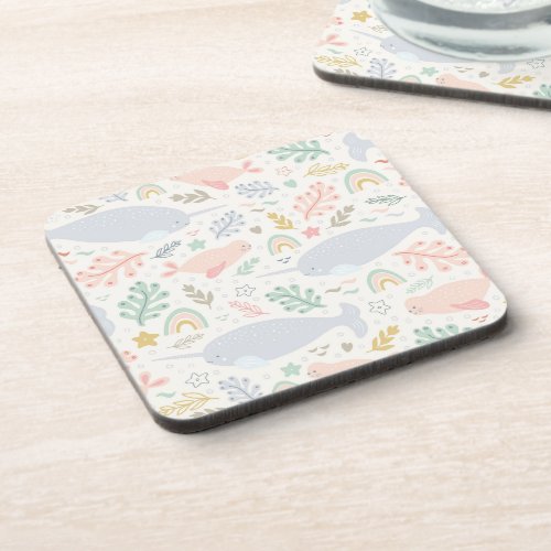 Watercolor Narwhal  Seal Pattern Beverage Coaster