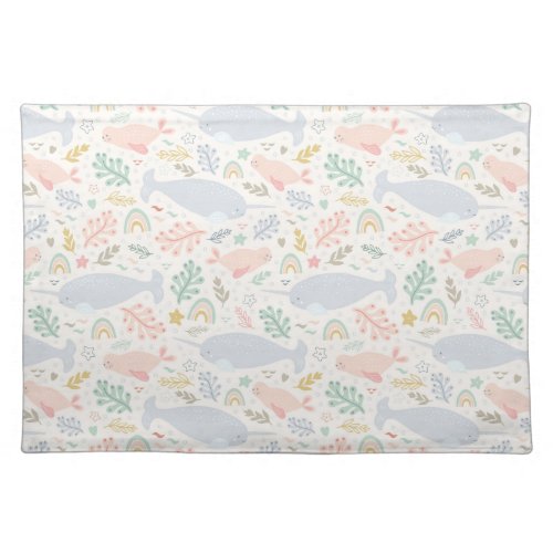 Watercolor Narwhal  Seal Pattern Cloth Placemat