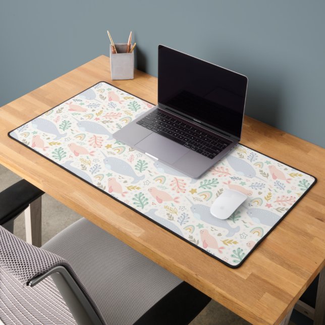 Watercolor Narwhal & Seal Pattern Desk Mat (Office 2)