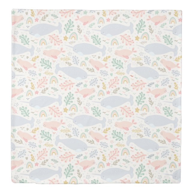 Watercolor Narwhal & Seal Pattern Duvet Cover (Front)