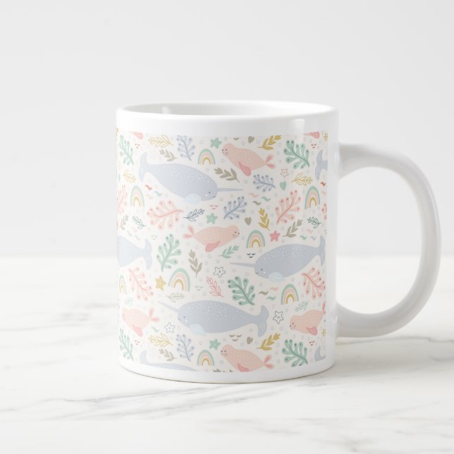 Watercolor Narwhal & Seal Pattern Giant Coffee Mug (Right)