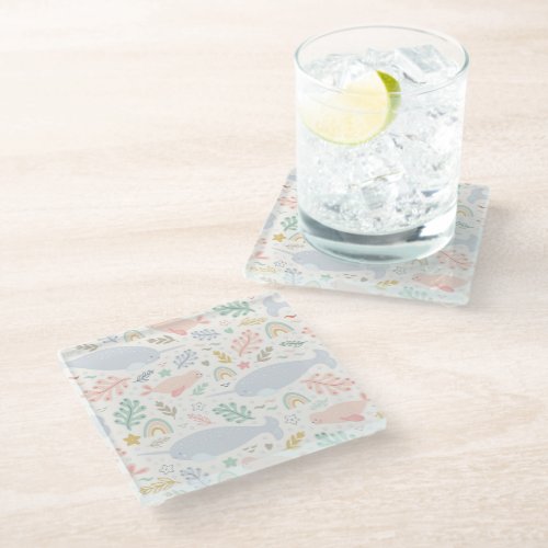 Watercolor Narwhal  Seal Pattern Glass Coaster