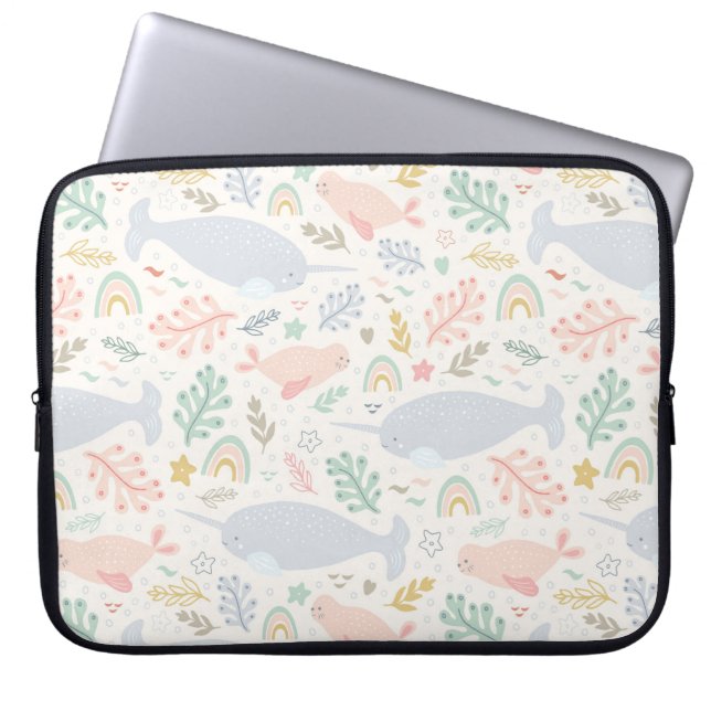 Watercolor Narwhal & Seal Pattern Laptop Sleeve (Front)