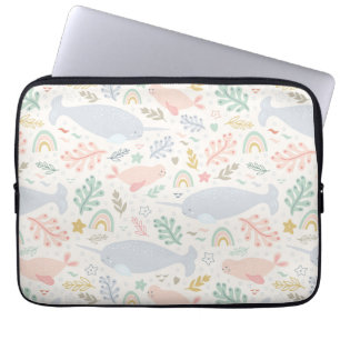 Watercolor Narwhal & Seal Pattern Laptop Sleeve