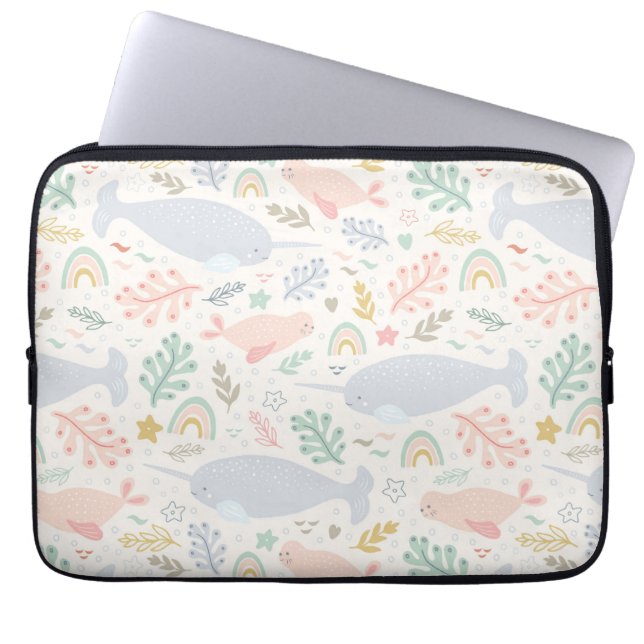 Watercolor Narwhal & Seal Pattern Laptop Sleeve (Front)