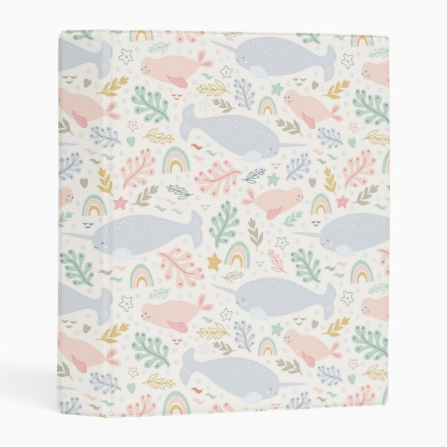 Watercolor Narwhal & Seal Pattern Mini Binder (Front/Spine)