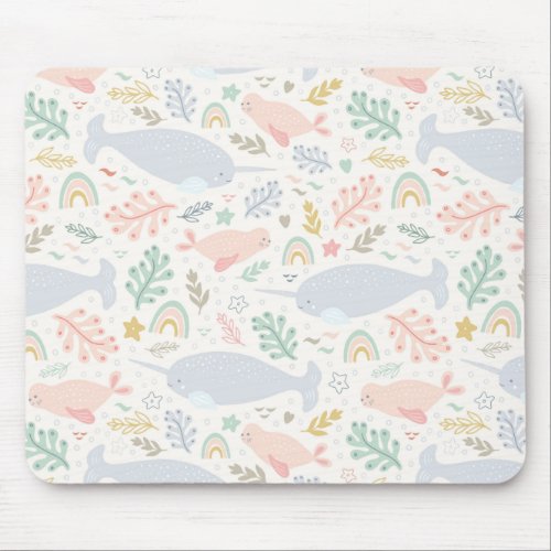 Watercolor Narwhal  Seal Pattern Mouse Pad