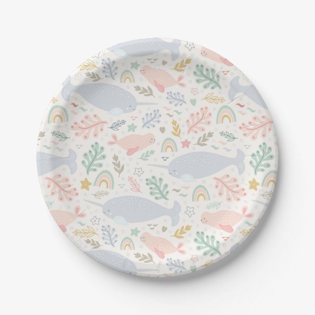Watercolor Narwhal & Seal Pattern Paper Plates (Front)
