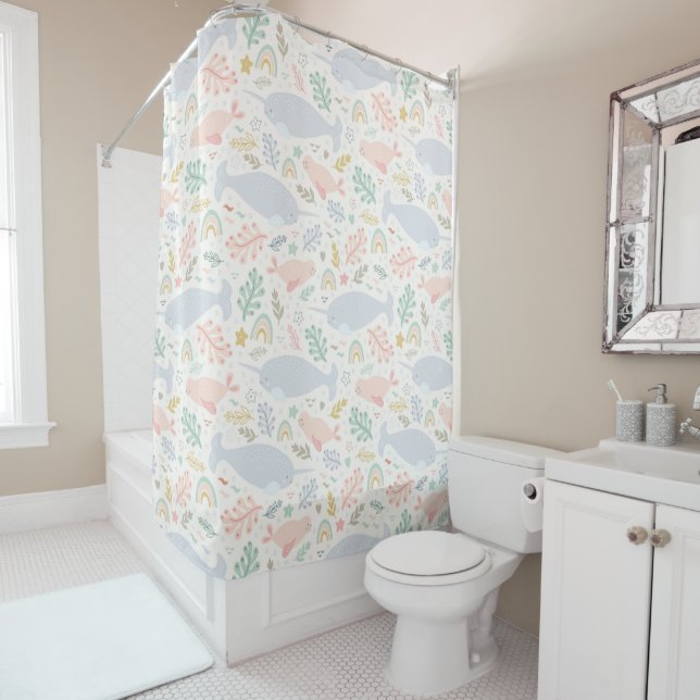 Watercolor Narwhal & Seal Pattern Shower Curtain (In Situ)