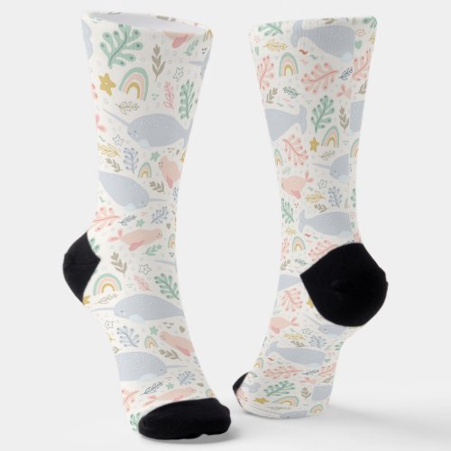 Watercolor Narwhal  Seal Pattern Socks