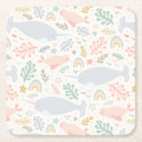 Watercolor Narwhal  Seal Pattern Square Paper Coaster