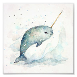 watercolor narwhal, snowy background photo print