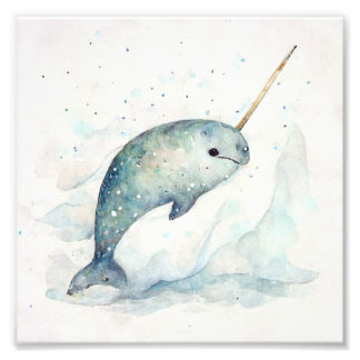 watercolor narwhal, snowy background photo print