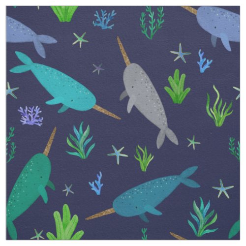 Watercolor Narwhal Under The Sea Blue Fabric
