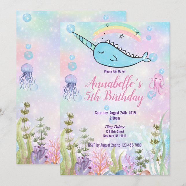 Watercolor Narwhal Under the Sea Invitation (Front/Back)