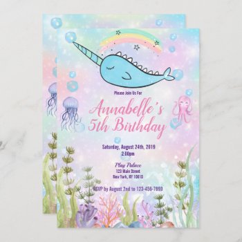 Watercolor Narwhal Under The Sea Invitation by PinkOwlPartyStudio at Zazzle