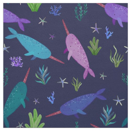 Watercolor Narwhal Under The Sea Purple Fabric