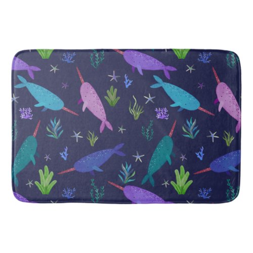 Watercolor Narwhals Under The Sea Gold Bath Mat