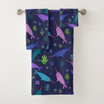 Watercolor Narwhals Under The Sea Gold Bath Towel Set
