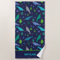 Watercolor Narwhals Under The Sea Gold Kids Beach Towel