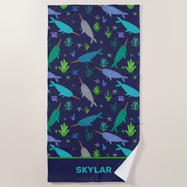 Watercolor Narwhals Under The Sea Gold Kids Beach Towel (Front)