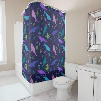 Watercolor Narwhals Under The Sea Gold Shower Curtain by LilPartyPlanners at Zazzle