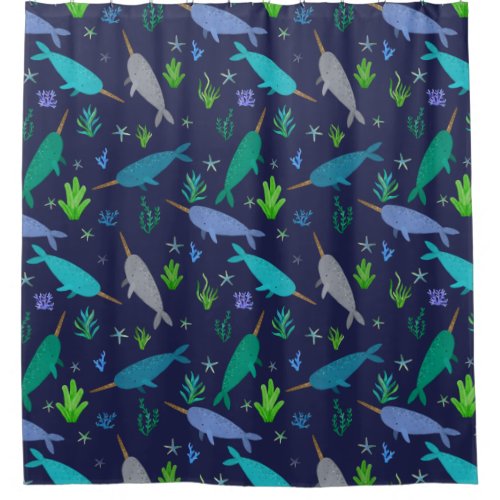 Watercolor Narwhals Under The Sea Gold Shower Curtain