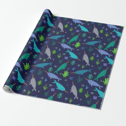 Watercolor Narwhals Under The Sea Gold Wrapping Paper