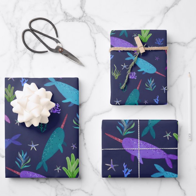 Watercolor Narwhals Under The Sea Gold Wrapping Paper Sheets (Front)