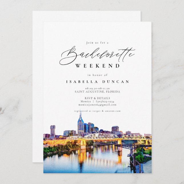 Watercolor Nashville Bachelorette Itinerary and Invitation (Front/Back)