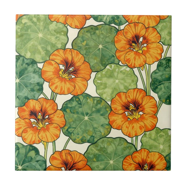 Watercolor Nasturtium Floral Pattern Ceramic Tile (Front)