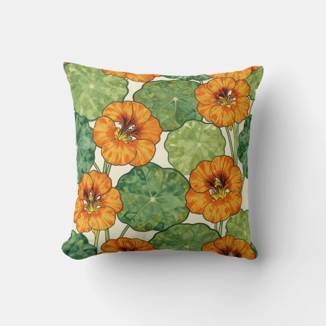 Watercolor Nasturtium Floral Pattern Throw Pillow (Front)