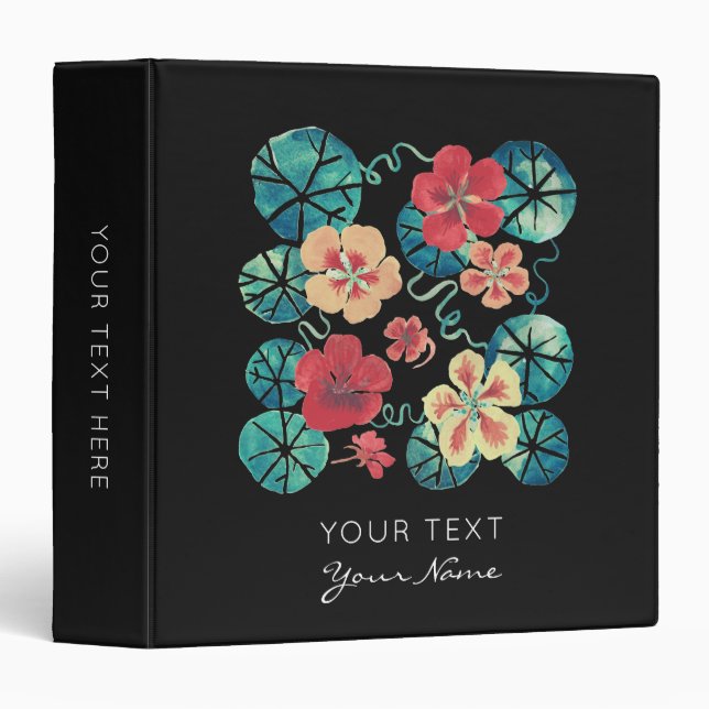 Watercolor Nasturtium Garden Flowers 3 Ring Binder (Front/Spine)