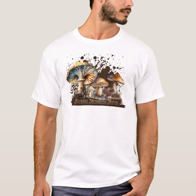 Watercolor National Mushroom Month T-Shirt (Front)