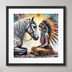 Watercolor native indigenous punk woman and horse framed art