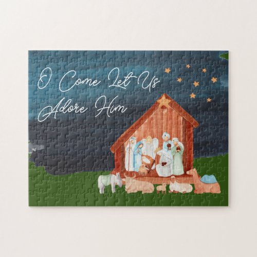 Watercolor Nativity Adore Him Religious Christmas  Jigsaw Puzzle