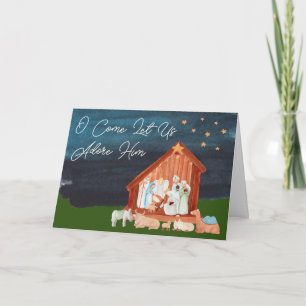 Watercolor Nativity Adore Him Scripture Religious Holiday Card