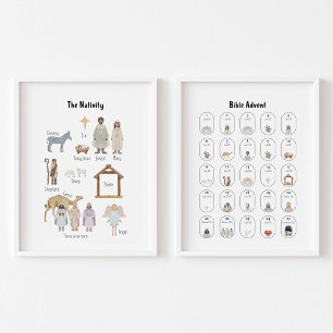 Watercolor nativity advent calendar wall art sets
