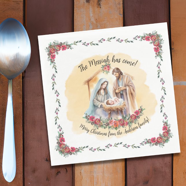 Watercolor nativity and roses customizable napkins (Creator Uploaded)